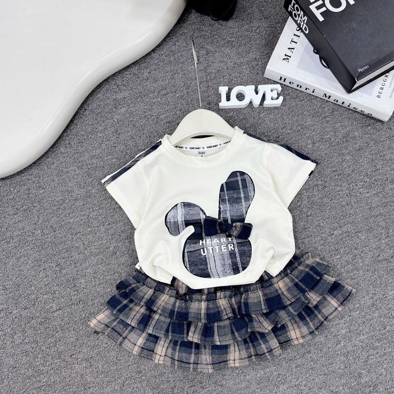 Bộ Áo + Chân Váy...( 10 -31kg ) áo hình 2 tai thỏ kẻ nâu và xanh cho be GÁI.... 2