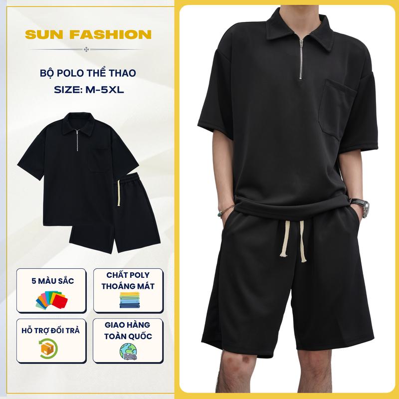  Bộ quần áo nam nữ thể thao cộc tay SUN 07 Màu Đen chất poly áo polo cổ bẻ mềm mại quần short dáng suông dễ phối đồ mặc thoải mái 