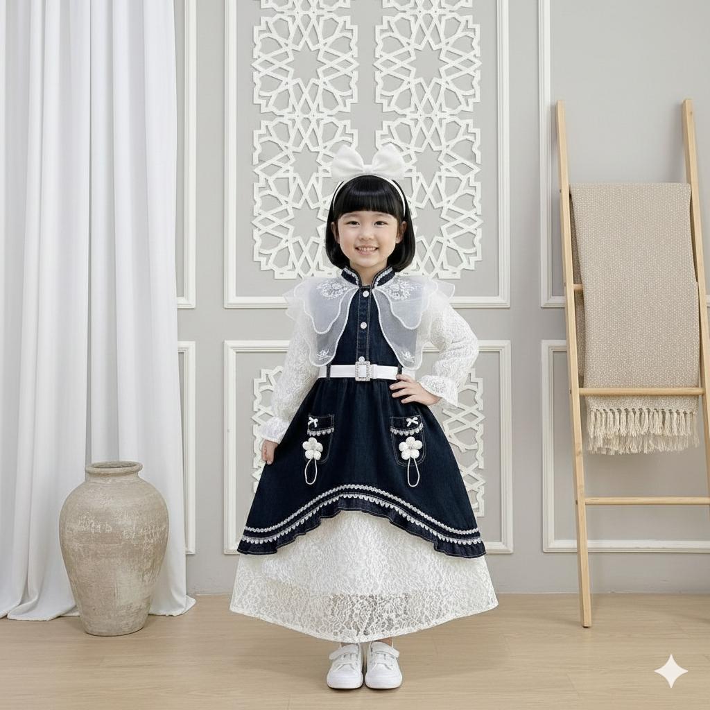 Nazella Gaun Jeans Snow Black Organza Farian Belt Putih untuk Anak Perempuan Usia 3-10 Tahun Baju Muslimah Lengan Panjang Kekinian Terbaru Viral 2026 Nazella Gaun Jeans Snow Black Organza Farian Belt Putih untuk Anak Perempuan Usia 3-10 Tahun Baju Muslimah Lengan Panjang Kekinian Terbaru Viral 2026