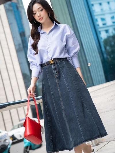Chân váy jean nữ C014 dáng xòe cạp liền BIGSIZE , lưng cao tôn dáng, thời trang công sở 3
