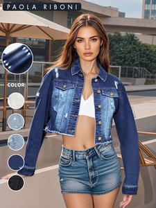 Women's Solid Button Front Ripped Raw Hem Crop Denim Jacket, Fashion Casual Long Sleeve Collared Jacket for Daily Outdoor Wear, Ladies S-3xl Clothes for All Seasons