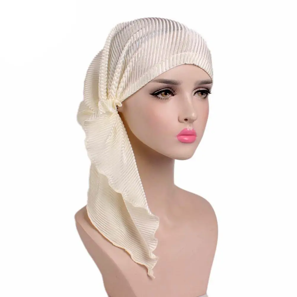 [ZS】 Fashion Women Wrinkle Long Turban Cap Head Wrap Chemo Hat Beanie Muslim Hijab