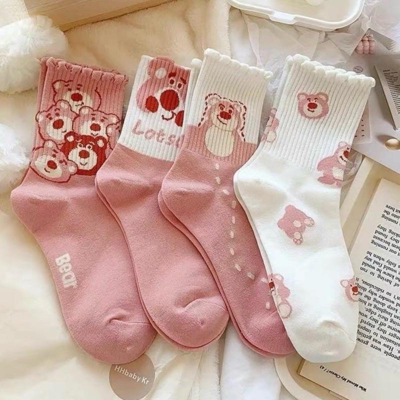  Set 10 đôi tất cổ cao viền bè gấu cho nữ màu hồng và trắng họa tiết gấu dễ thương 