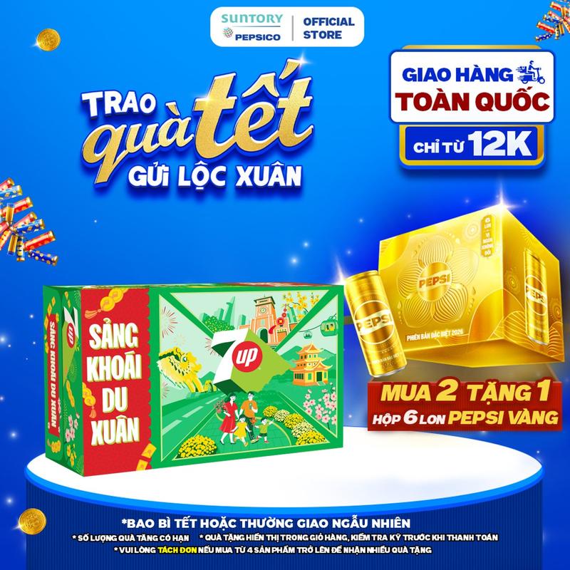   TẶNG PEPSI LON VÀNG  Thùng 24 Lon Nước Ngọt Giải Khát Có Gaz 7Up Xanh  320ml lon  