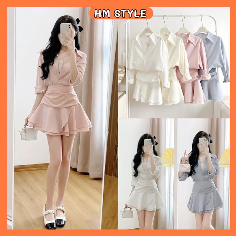  Sét áo sơ mi trơn dài tay + chân váy xoè tầng rúm eo chất thô HB738 