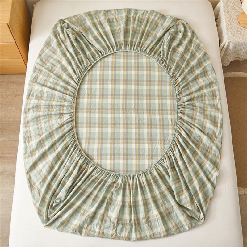 Product Introduction of Cotton Plaid Fitted Sheet Japanese Striped Plaid Cotton Non-Slip Bedspread Washed Cotton Student Fitted Sheet 3 In1 Mattress Cover Protective Cover 34
