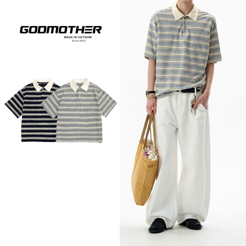 Áo Polo Kẻ GODMOTHER Cotton Áo Polo Cotton Áo Polo Ngắn Tay Kẻ Mùa Hè Mát Mẻ Streetwear Hàn Quốc