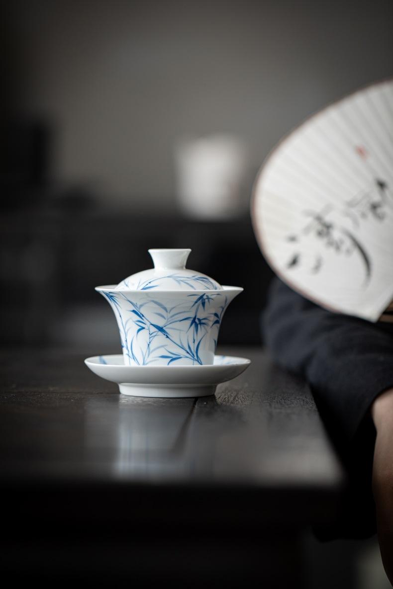 Product Introduction of Bamboo Sancai covered bowl hand-painted ceramic single large high-end Dehua white porcelain tea bowl Kung Fu tea set gift 24