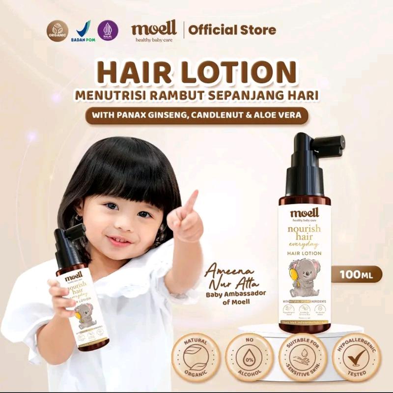 Paket Spesial Bundle Twin 2 Pcs - Moell Hair Lotion 100ml - Nourish Hair Everyday - Membantu Menutrisi Rambut Bayi Kuat, Hitam & Lebat - Perawatan Haircare Anak 1