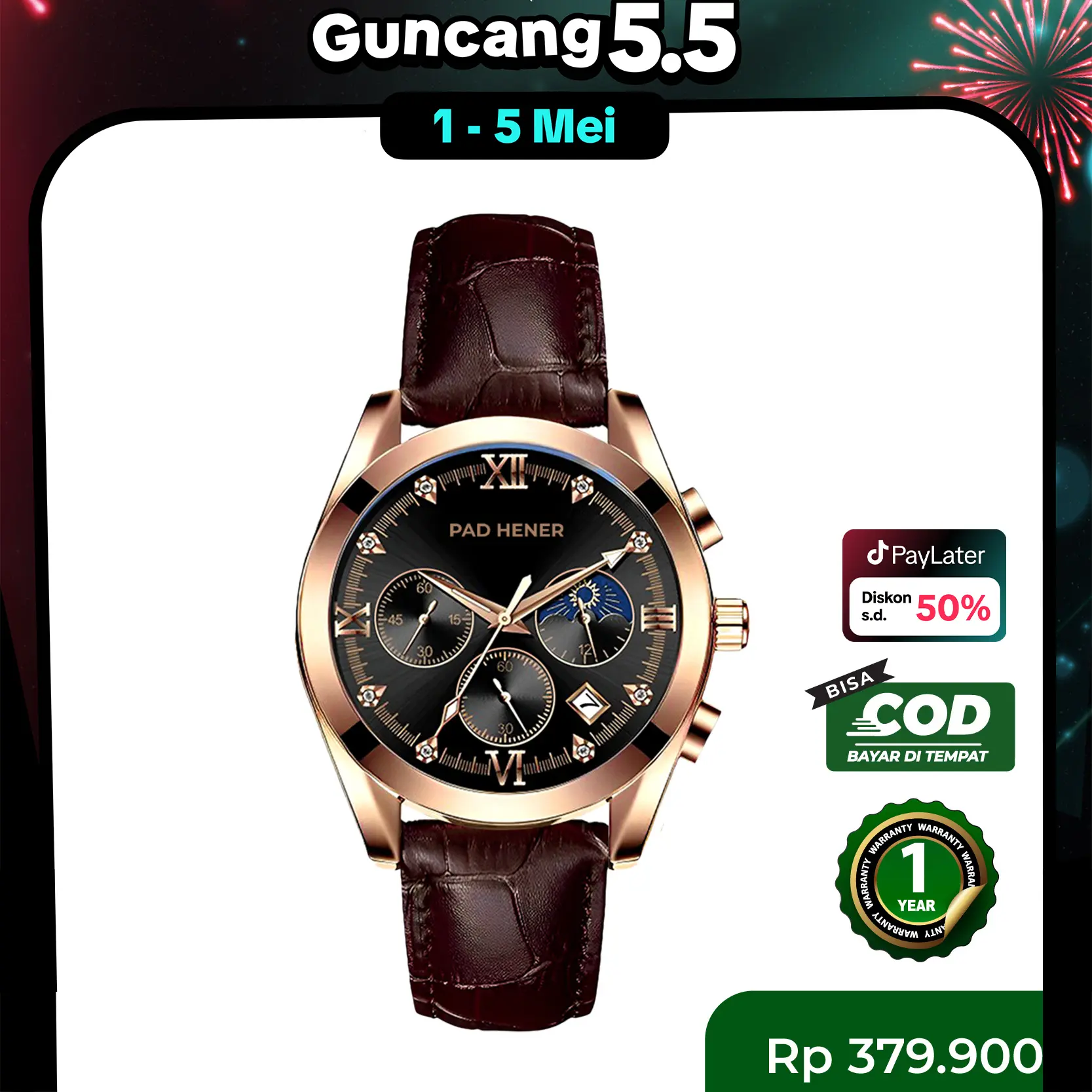 PAD HENER EUGENE Jam Tangan Unisex Water Resistant Original Kulit Quartz Calendar Klasik Luminuous Glow Jam Tangan Cowok Multifungsi COD + Kotak Eksklusif Watches