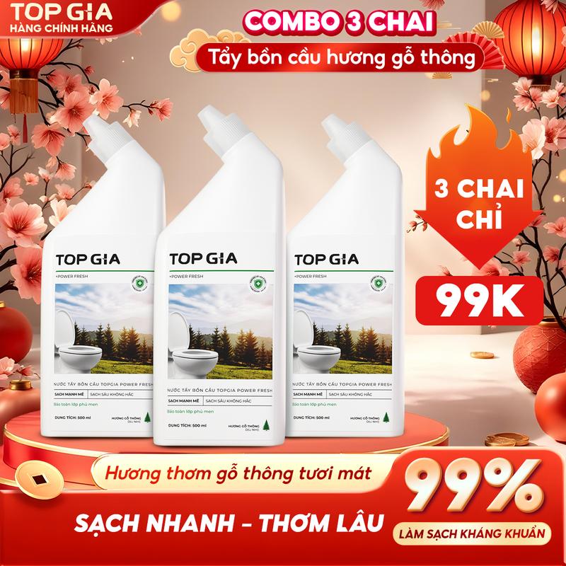   FLASHSALE 99K - 3 CHAI TBC SIÊU MẠNH  Nước Tẩy Bồn Cầu TOPGIA Sạch Bẩn Sạch Khuẩn - Tẩy Sạch Mạnh Mẽ & Nhanh Chóng - An Toàn Cho Lớp Men - Mùi Hương Gỗ Thông -Chất Tẩy Rửa Toilet Nhà Vệ Sinh Dung tích 500ml - Kháng khuẩn 99.9%- Topgiaclean - TBCM 
