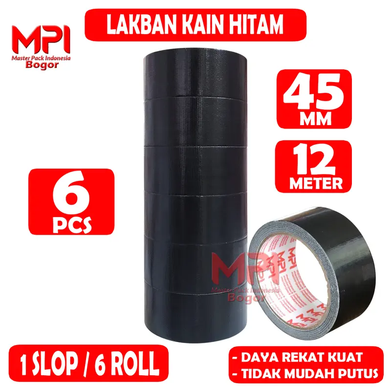 6 Pcs - Lakban Kain Hitam 45 mm x 12 Meter - Cloth Tape Hitam 12 Meter - Master Pack Indonesia Bogor 0