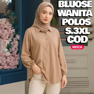 ATASAN BLUS WANITA POLOS KANCING TIGA KEKINIAN MODEL TERBARU LENGAN PANJANG BERKARET
