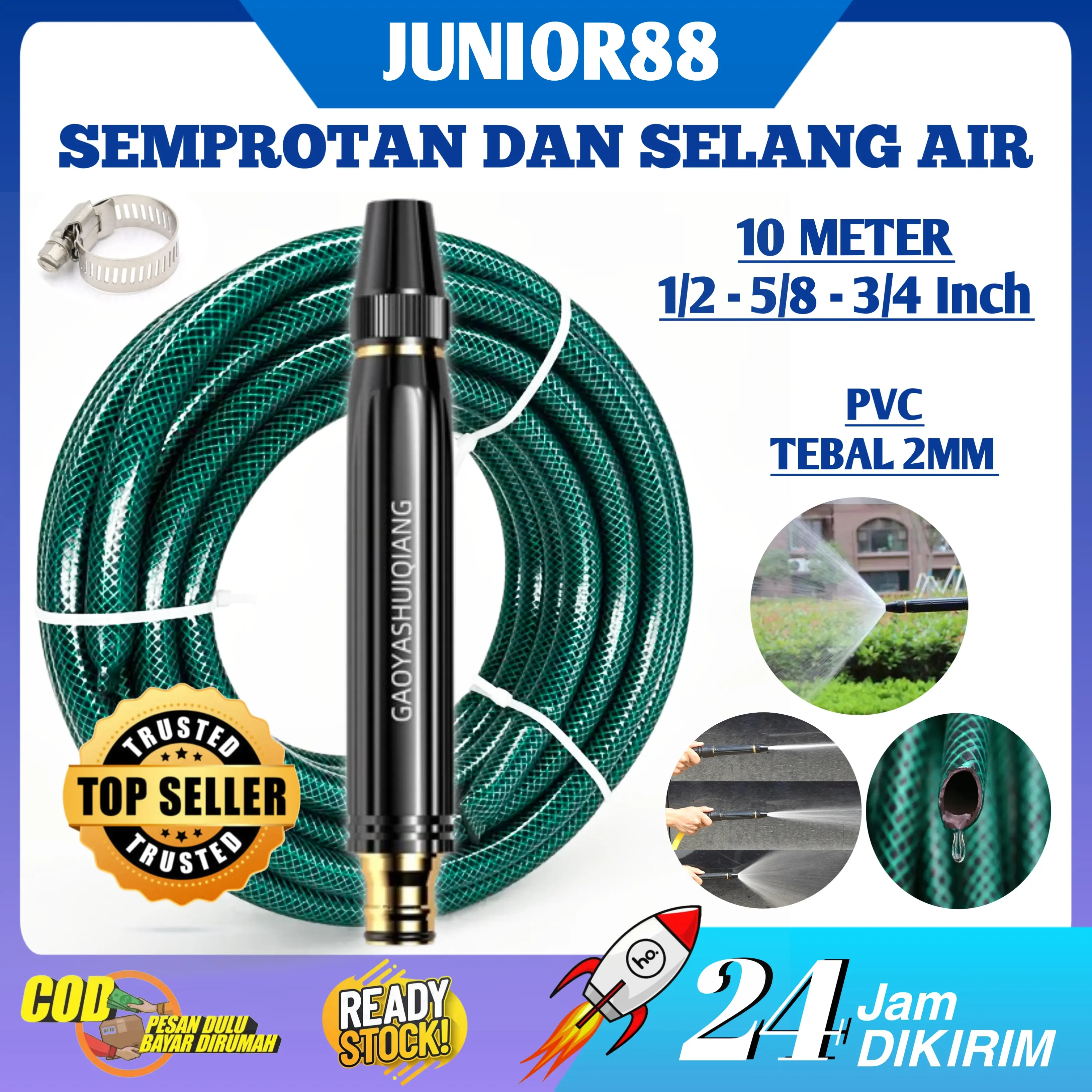 Sepaket Semprotan Selang Air 1/2 5/8 3/4 Inch 10 Meter Anti Lumut Tebal 2 mm Semprotan Cuci Motor Mobil Alat Siram Taman Perkebunan
