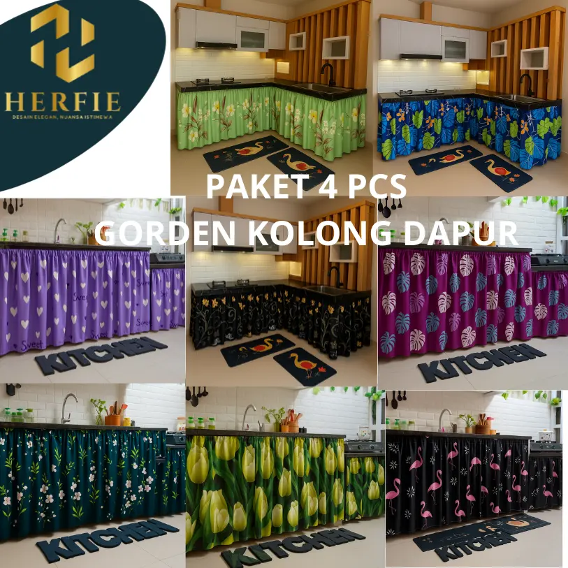 PAKET 4 PCS Gorden Kolong Dapur Minimalis 100x70 cm Bahan Poliester Premium Motif Daun Hitam Free Tali Adem Tirai Dapur Modern & Estetik gordenKolongDapur tiraiDapurMinimalis curtain