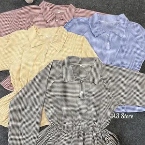 A3 STORE - Shakira Blouse Tartan - Atasan Lengan Panjang Kerut Pinggang Kekinian