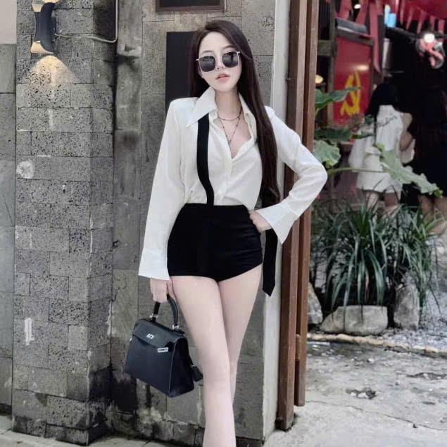 SM - Set bộ áo sơ mi form rộng tay dài kèm dây mix quần sọt lưng cao có khoá kéo - Rr105 Áo lụa quần uni set bộ set nữ tôn dáng set chân váy set bộ nữ set đi biển set váy