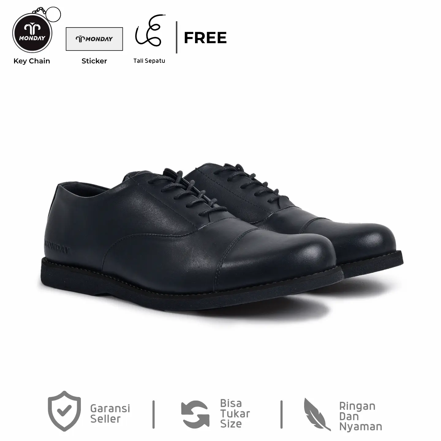 Monday Official - Oxford Full Black GL - Sepatu Pantofel Formal Hitam Kulit Asli (Genuine Leather) Kerja Pria Shoes Kasual
