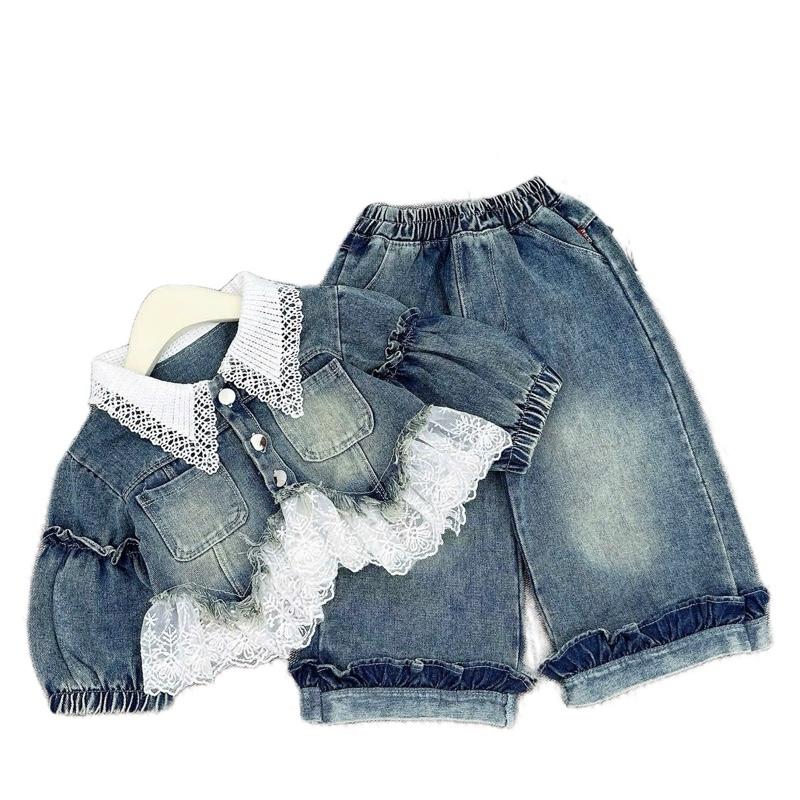 Set áo bò jean cổ ren mềm kèm quần jean dáng xuông dành cho bé gái 9-31kg