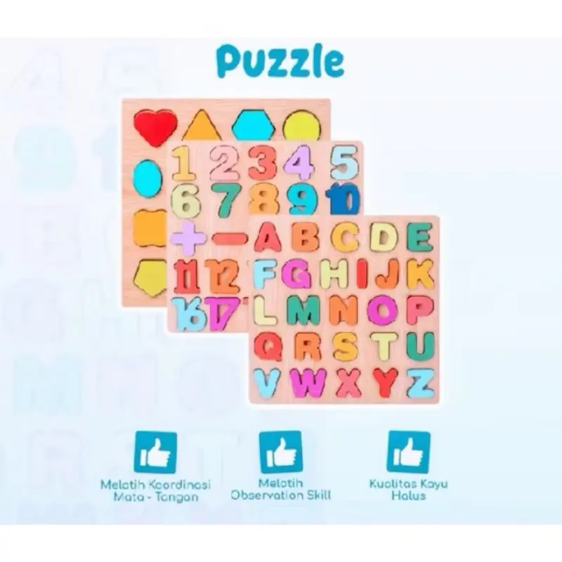 Mainan edukasi anak puzzle papan kayu huruf, angka, dan bentuk