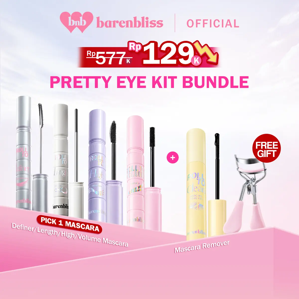 【FREE EYELASH CURLER】BNB Barenbliss Pretty Eye Kit | Mascara Remover + Mascara Length/High/Volume/Definer