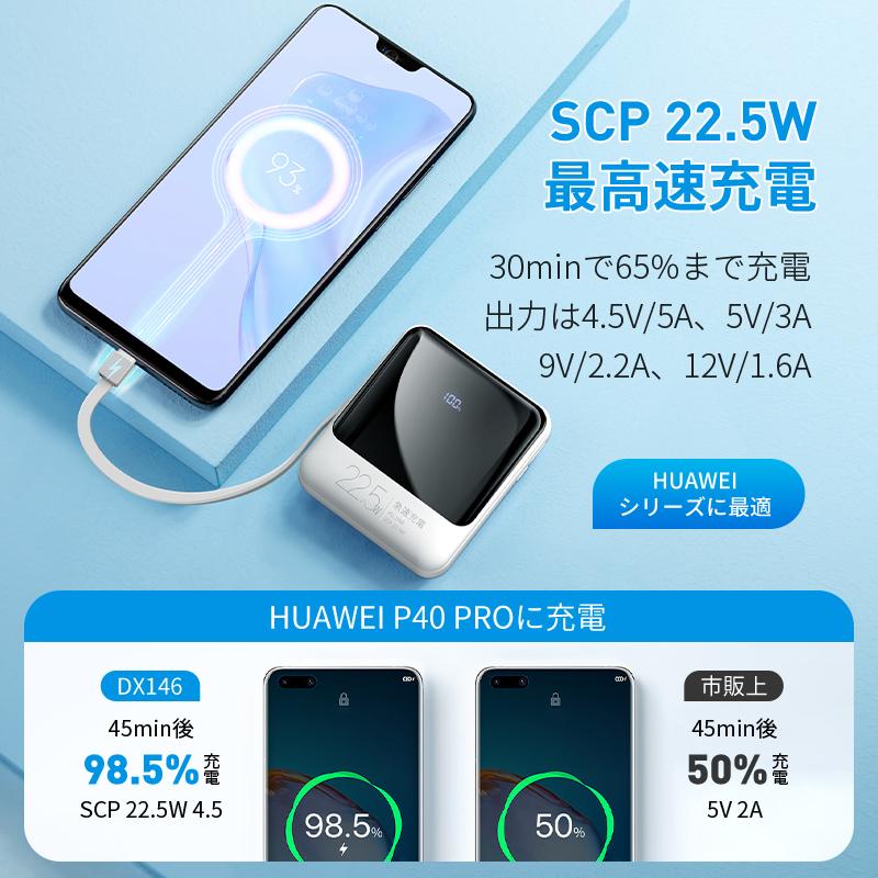 モバイルバッテリー 軽量 小型  22800mAh  バッテリー 大容量 22.5W 急速充電 5台同時充電 充電器 ケーブル内蔵 携帯充電器 SCP 22.5W/PD 20W/QC 3.0最速 機内持込 防災グッズ 扇風機 ハンディファン iPhone iPad Android 対応