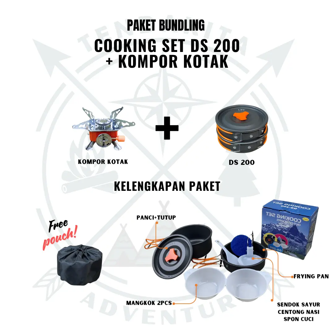PAKET COOKING SET DS 200 + KOMPOR PAKET ALAT MASAK CAMPING | FRYING PAN DS 308 | DS 300 DS 301 NESTING CAMPING | COOKING SET CAMPING | PERALATAN MASAK
