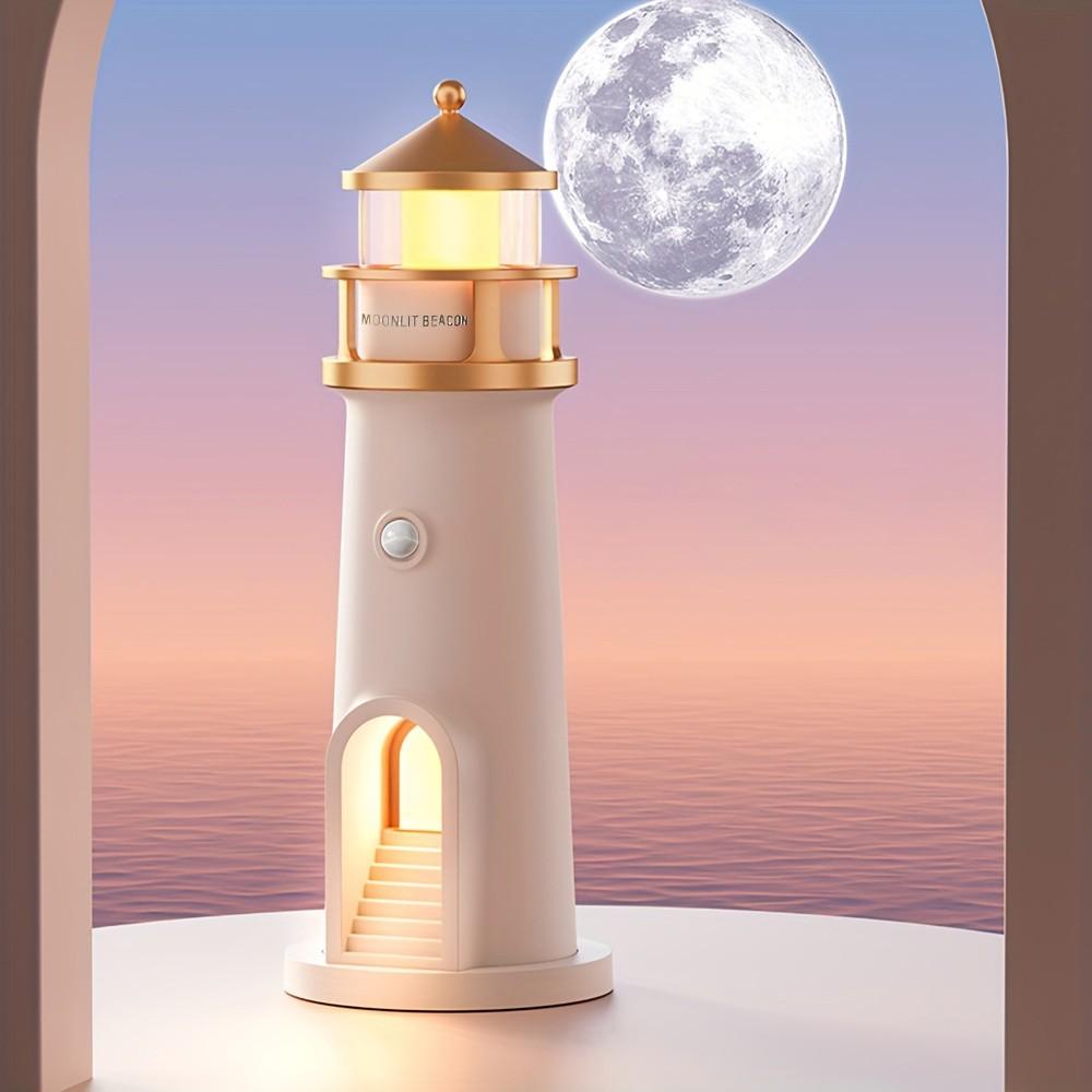 Month Moonlight Lighthouse Projector Lamp, Night Light with Motion Sensor, Smart Bedside Lamp for Bedroom, LED Moonlight Projection Ambient Light, Ceiling Wall Decorative Lamp, Removable Base for Bedroom, Holiday Gift