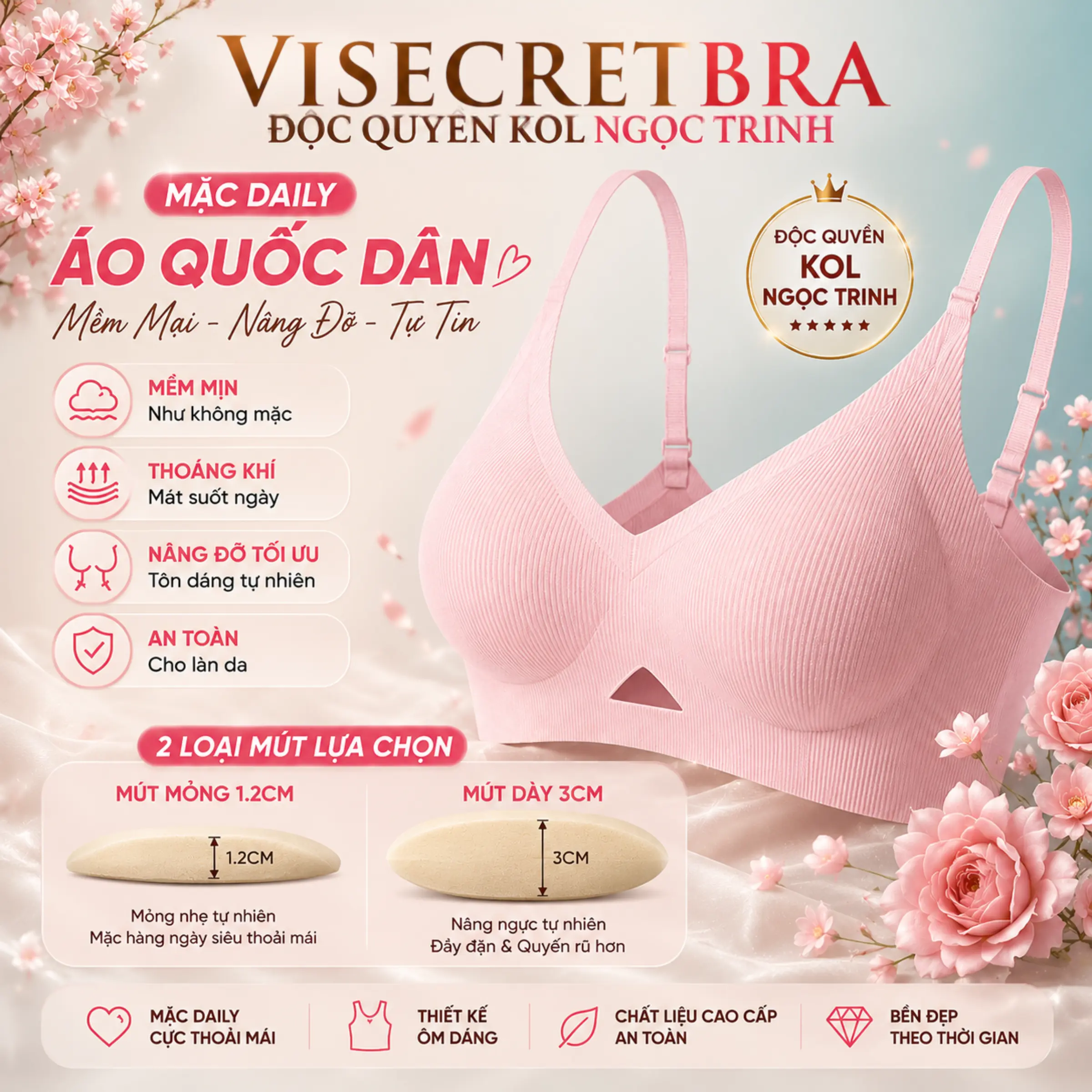 ĐỘC QUYỀN NGỌC TRINH x LIVE x Bản Cài Thường x Mút 1.2 cm và 3cm x Áo Lót Su Nữ Nâng Vòng 1 Không Gọng Áo Bra Chất Su Mỏng Không Gọng Có Mút Đệm Tròn Gom Quả Chống Xệ Hạn Chế Ngấn Mỡ Lưng -- VN241050