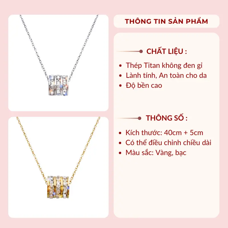 [KHÔNG ĐEN GỈ] Dây chuyền thép Titan mạ vàng hình trụ đính đá cao cấp Trang Sức thời trang sang trọng - Mely TT60 Nữ Women 1