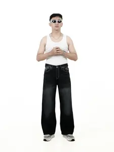 JINSYOU - Celana Jeans Wide Leg Wisker Lebar Gombrang Black Jazz Pria Loose fit jumbo big keren Bahan Denim Nyaman Oversize panjang santai Dark Casual