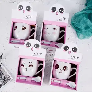 (10PC = 1KG) PB 256 Gelas Keramik Set Sendok / Cangkir Karakter Unik & Lucu / Gelas Motif Emoji & Doggy