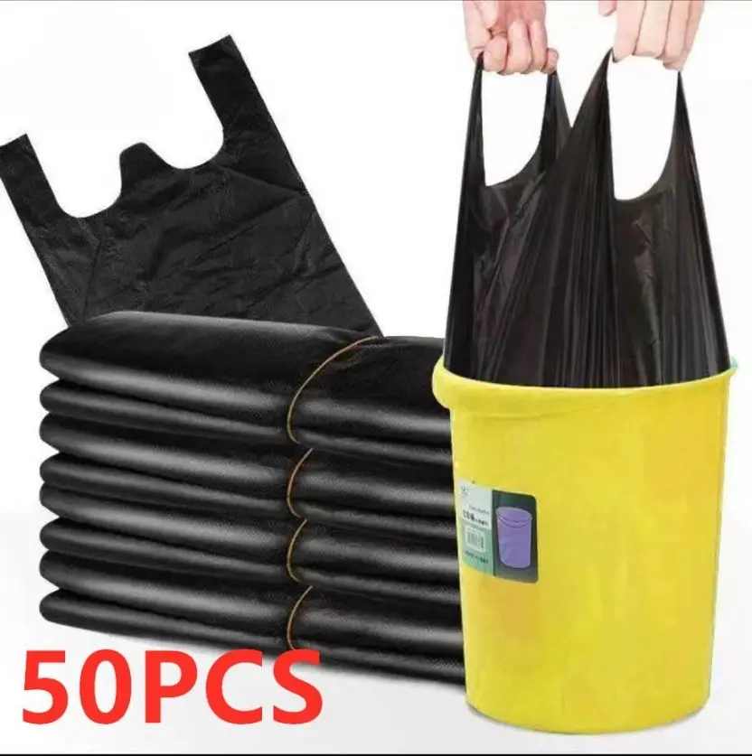 Black Trash/Garbage Bag For Garbage Bin And Can 32x52 (50pcs/pack) Black Disposable Garbage Bag Plastic Sturdy T Shirt Bags Thickened Grocery Bags Durable