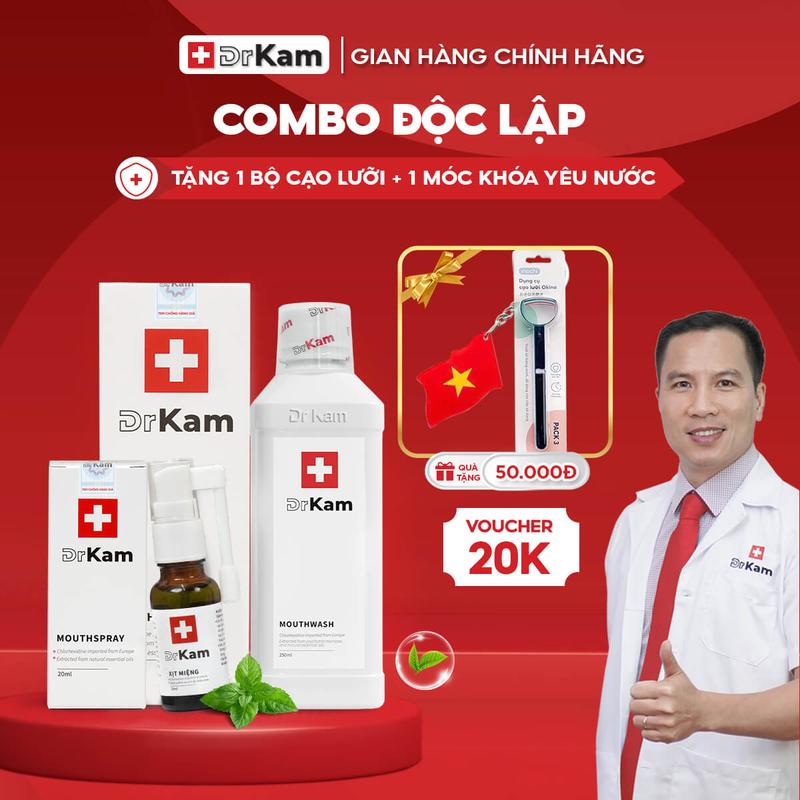 Combo chăm sóc răng miệng - Nước súc miệng & xịt miệng chuẩn y khoa DrKam khử hôi miệng, giảm viêm nướu. Tặng cạo lưỡi