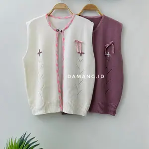 Moon Vest Knit - Atasan Rompi Rajut Wanita Kancing Motif Bunga Pita lucu Desain Moderen Korean Style premium