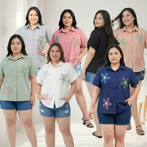 Gafesa - Lily Atasan Kemeja Polos Wanita Bordir Motif Bunga Oversize / Atasan Wanita Bigsize Lengan Pendek