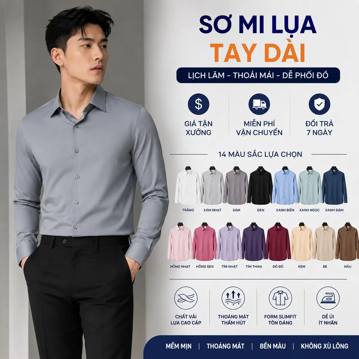 Áo Sơ Mi Nam Dài Tay Công Sở Vải Lụa Chéo Cao Cấp Thấm Hút Tốt Thoải Mái Sang Trọng Thanh Lịch Menswear Shirt Chất Liệu Lụa Trơn Form Regular Suông 14 Màu Sắc