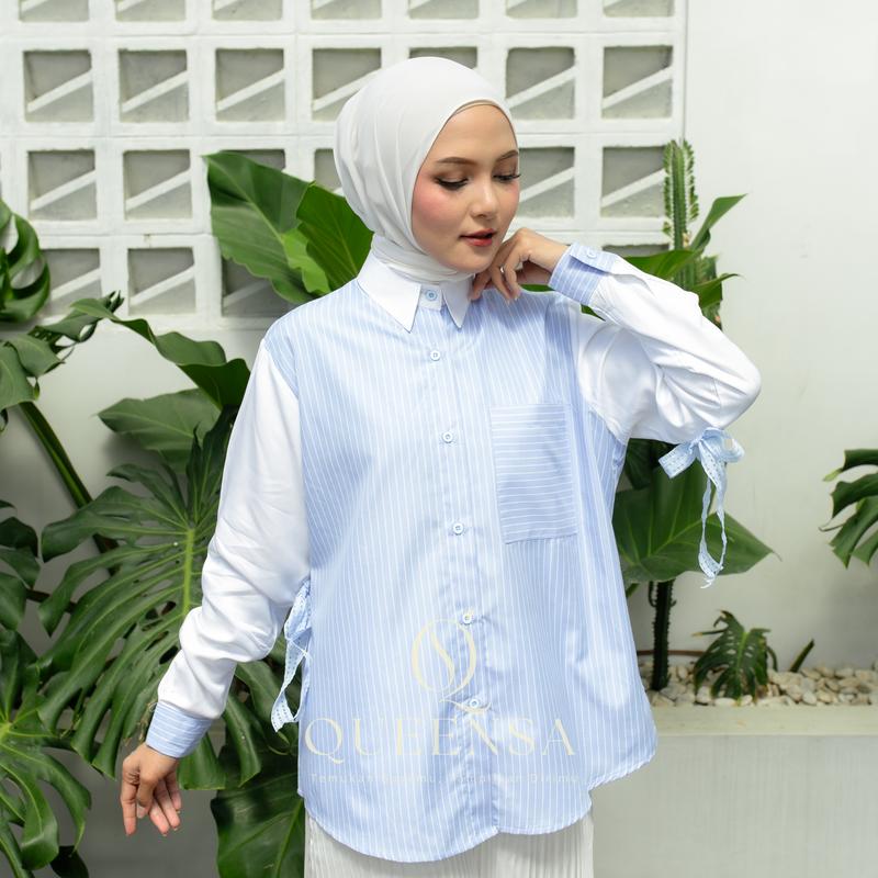 Queensa - Kemeja Azalea Wanita Salur Katun Rayon Polos + Pita | Blouse Lengan Panjang Stylish & Nyaman | Outfit Hijab Casual Terbaru 2