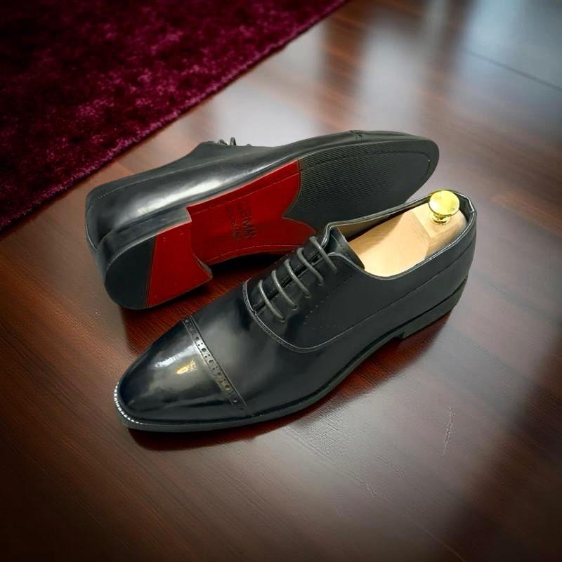 Giày Oxford Captoe Đế Đỏ 3cm Phíp Đỏ Dán Vimbram Da Bò Cao Cấp Cho Nam Kiểu Dáng Lịch Lãm Giầy Oxford Đế Vibram Nam Buộc Dây