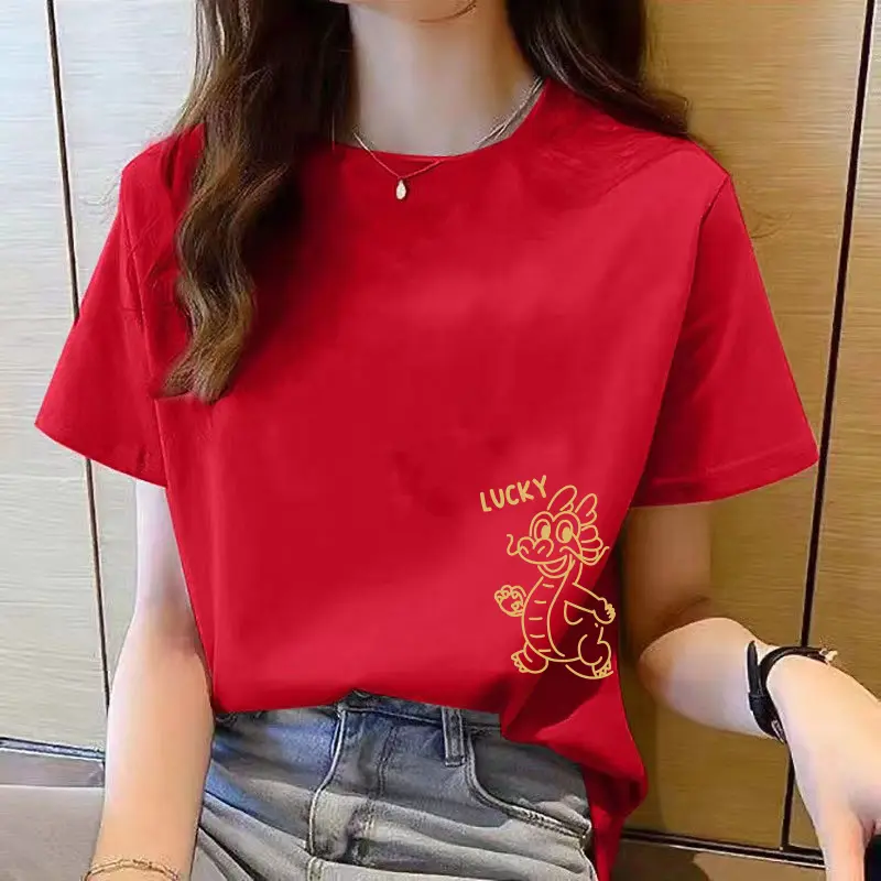 new year clothes red t shirt woman top short sleeve round neck fashion tops women loose printed oversized t shirt korean style Tshirt Collar Rose Sleeved Lingerie Minimalist Pullover