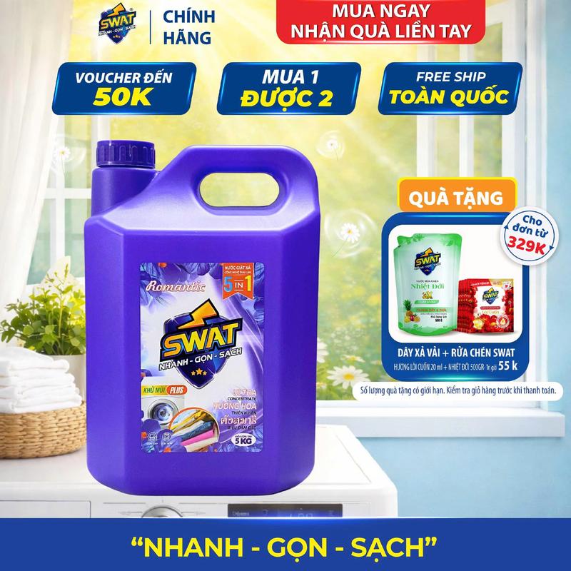 Nước giặt xả SWAT Hương Romantic Can 5kg Loại Bỏ Vết Vẩn, Khử Mùi Ẩm Mốc, An Toàn Cho Da Lưu Hương Dài Lâu