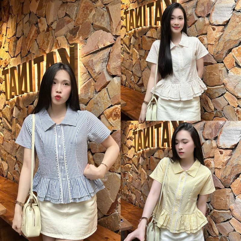 Áo sơ mi kẻ sọc nữ 2 tầng bèo trẻ trung tay ngắn LAMO - B1447