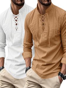 Paquete de 2 camisas de lino para hombre de manga larga para verano, estilo casual y empresarial, diseño con cordón ajustable, ajuste regular, prenda esencial para hombre