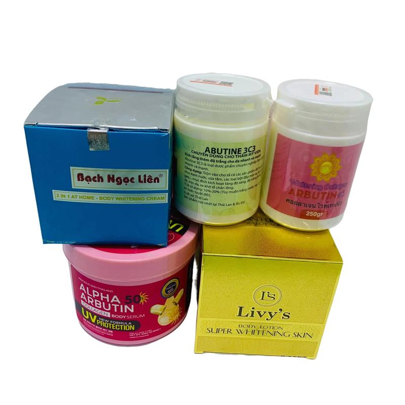 (Tri ân Hủ+muỗng+1 bịch làm sạch da)  Kem trắng da cấp tốc 5 sản phẩm , trắng da body. Bạch Ngọc Liên, Abutine 3c3, Arbutin, Livy's, Alpha arbutin Làm Đẹp Da Dưỡng Body