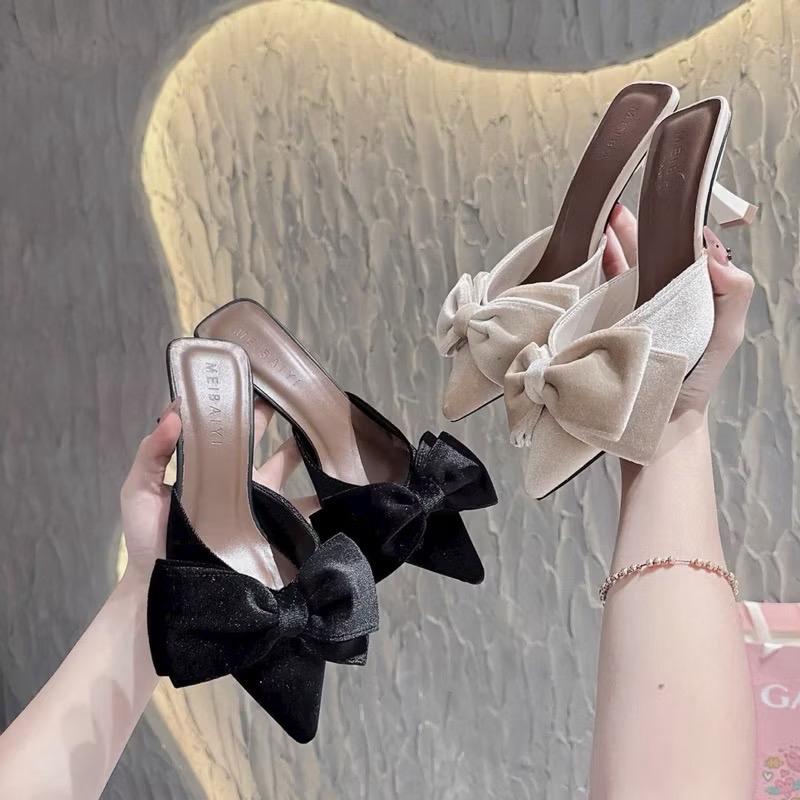  gao.shoes999 -  Có BIGSIZE  Sục Nữ Nhọn NƠ TO GÓT CAO 6 CM Chất Nhung Mền Êm Cao Cấp 