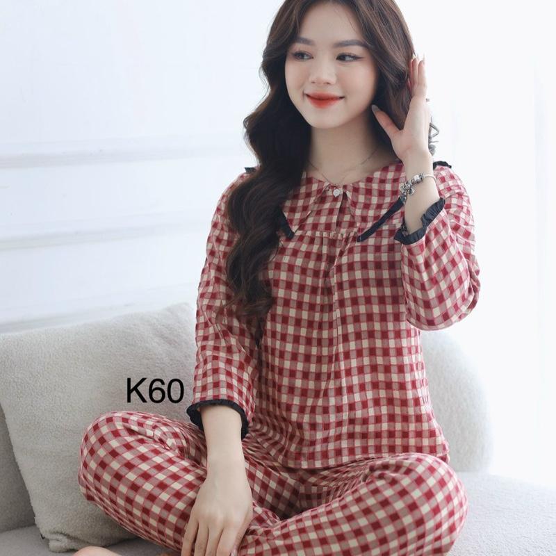 Set bộ đồ ngủ dài cổ bèo cho nữ mặc quanh năm nhẹ mát thấm hút mồ kẻ caro quần