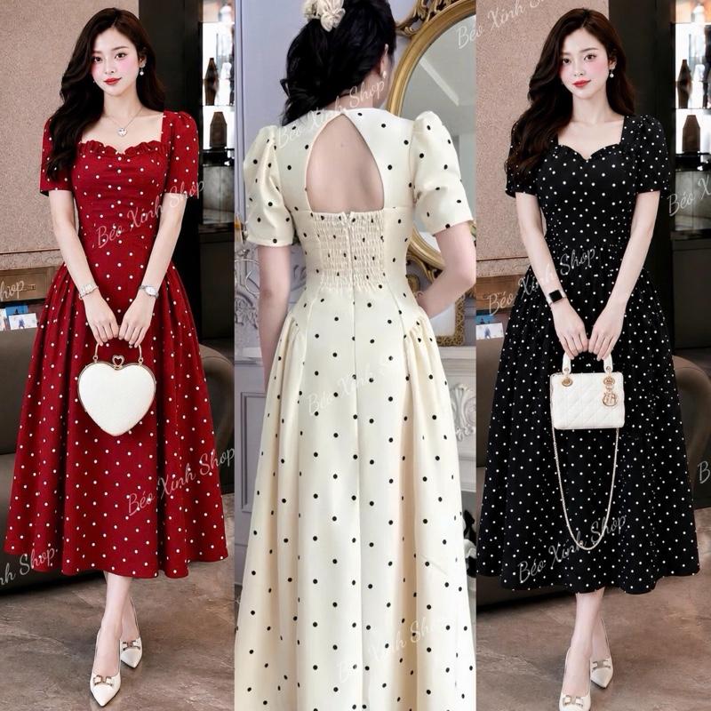Đầm Midi Chấm Bi Bigsize Cổ Tim Đính Ngọc – Váy Dài Nữ Bo Chun Lưng 40–90kg - B.1817