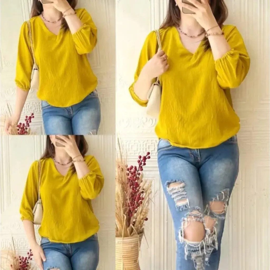 BLOUSE WANITA MURAH BLOUSE CRINKLE AIRFLOW ATASAN WANITA TERBARU BLOUSE WANITA V-NECKbaju cewek/perempuan tangan panjang murah kekinian korea style  blouse wanita murah under 30k