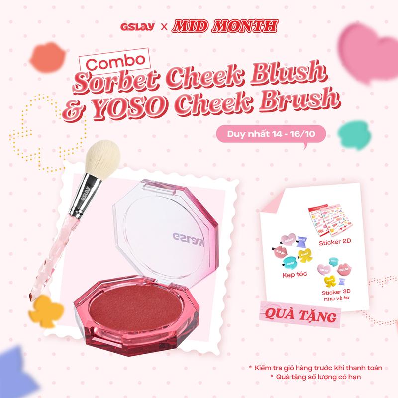 Combo GSLAY Má hồng kem hoá phấn Sorbet Cheek Blush thuần chay mịn lì và nhũ dễ tán bền màu 5gr và Cọ Má Hồng YOSO Cheek Brush lông cọ mềm mượt, tán phấn đều màu