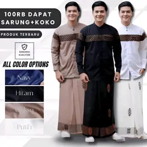 SARKO Setelan Sarung & Koko Lengan Panjang Motif Kobata Qinang Sarung Motif Sarang Tawon Baju Koko Pria Dewasa Size M L XL XXL Bahan Katun Premium